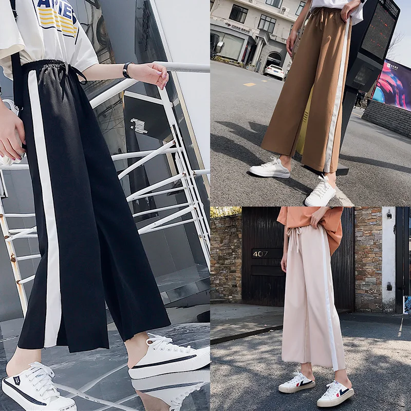 

Pants Women Various Color Loose Korean Style Womens Trousers Wide Leg High Waist Ankle-Length Solid Flat Patchwork Girl Pant New