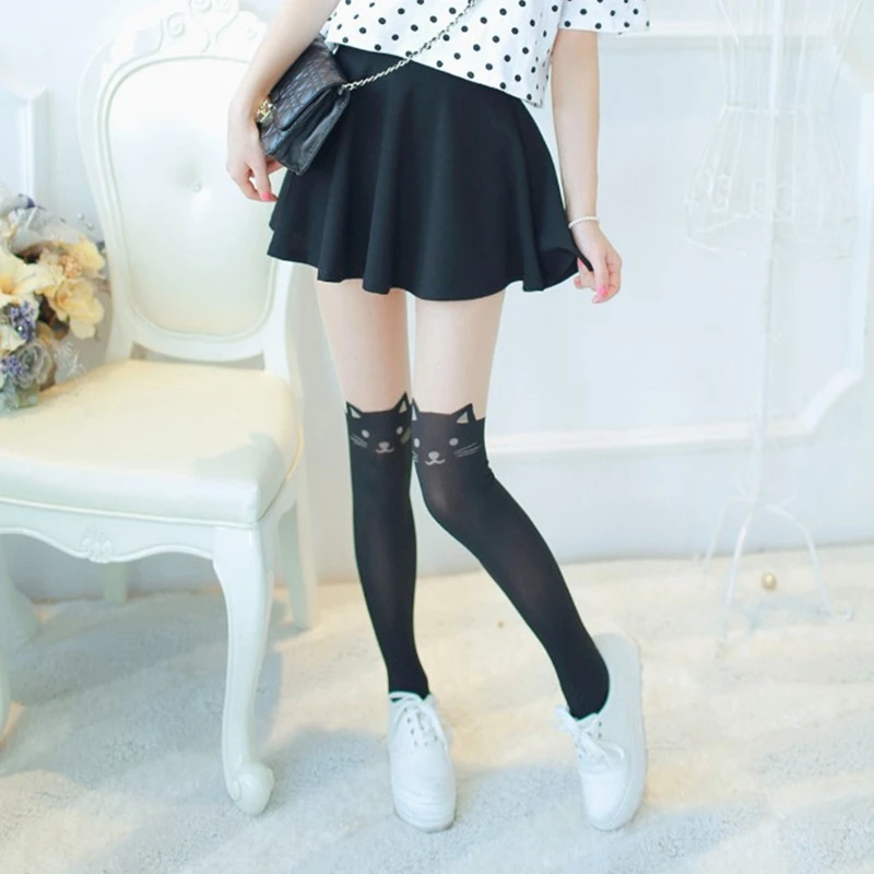 Женские пикантные колготки в стиле Харадзюку С мультяшным котом для девочек