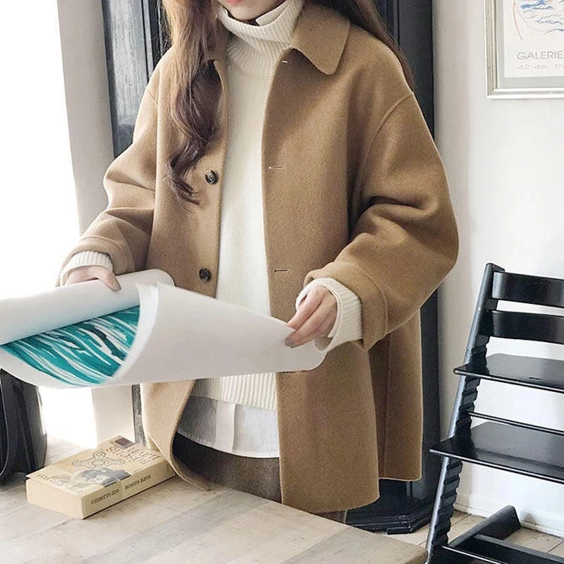 

2020 Fall Women's Wool Coat Long Sleeve Single Breasted Fashion Women Mixed Causal Loose Winter