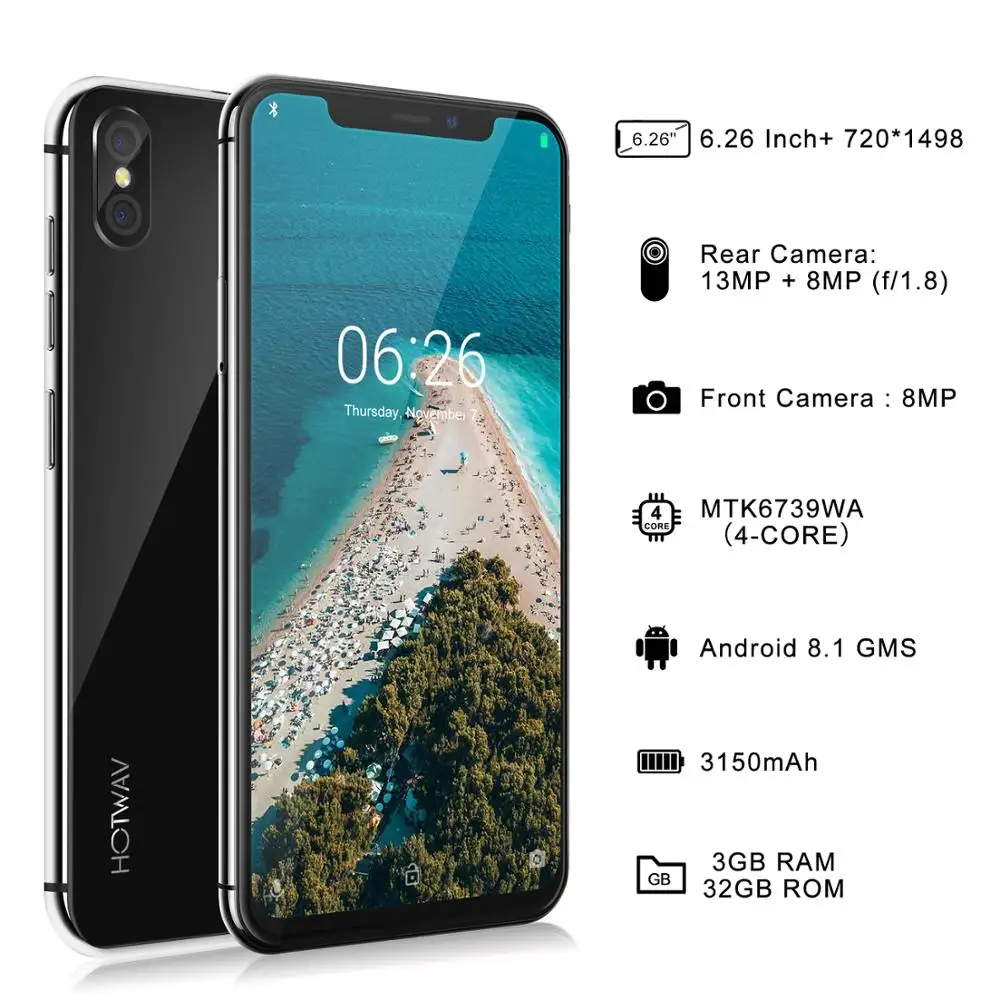 Смартфон XGODY Symbol Max 4G экран 6 26 дюйма 18:9 Android 8 1 3 Гб ОЗУ 32 ПЗУ 3150 мАч четыре ядра две