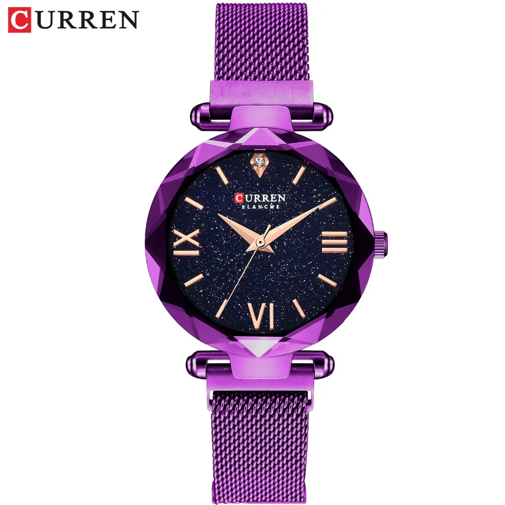 Luxury Diamond Ladies Watches CURREN Fashion Creative Women Wristwatch Romantic Starry Sky Quartz Watch Valentine Gift Purple | Наручные