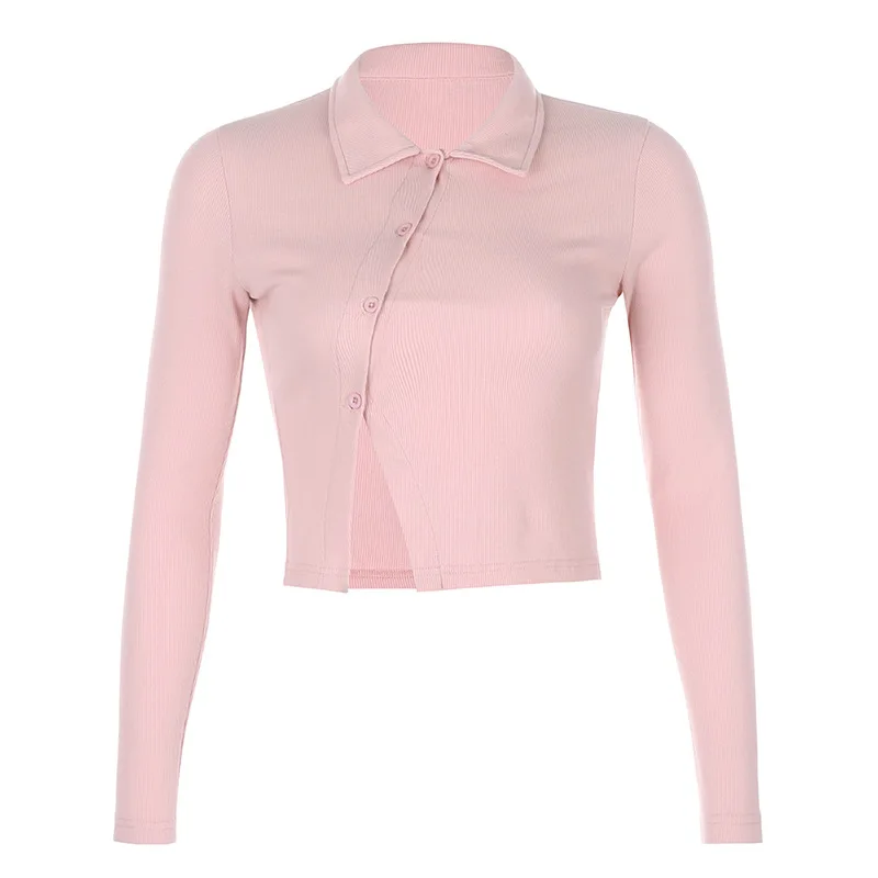 

2021 Y2K Autumn Crop Basic Top Irregular Button Split T Shirt Harajuku Retro Cute Tshirt Women Turn Down Collar solid Tee Top