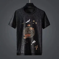 chinese wind dark jacquard xiangyun cranes embroidered male summer round collar loose big yards short sleeve t shirt