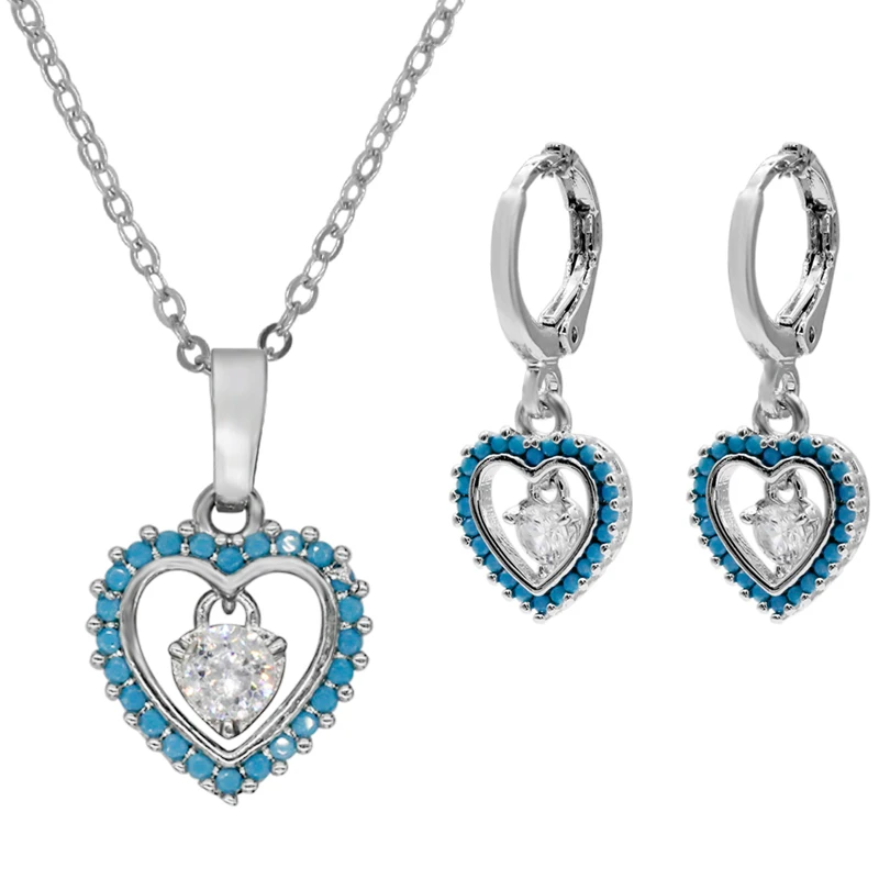 

925 Sterling Silver Fine Jewelry Sets Turquoise&CZ Statement Necklace Earrings Heart Shape Romantic Style Wedding Jewelry Gift