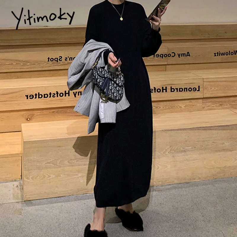 Yitimoky вязаные длинные платья для женщин осень зима 2021 новые корейские пуловеры с