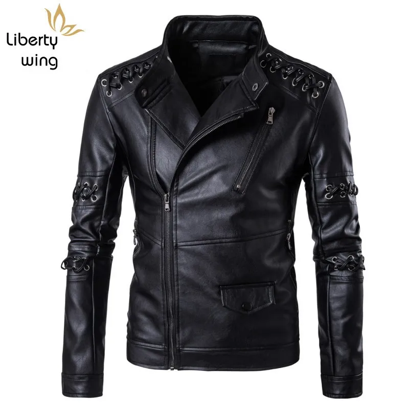 

Harajuku Personality Lace Up Pu Leather Jacket Men Punk Show Stage Clothes Stand Collar Jaqueta Motoqueiro Windbreaker Male Coat