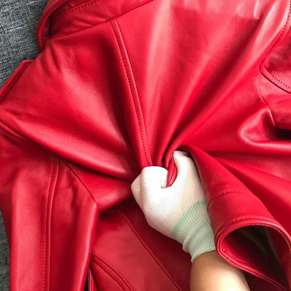 JAZZEVAR 2023 New High Fashion Street Women Real Sheep Skin Leather Jacket Red Genuine Leather short Slim fit Motorcycle Jackets