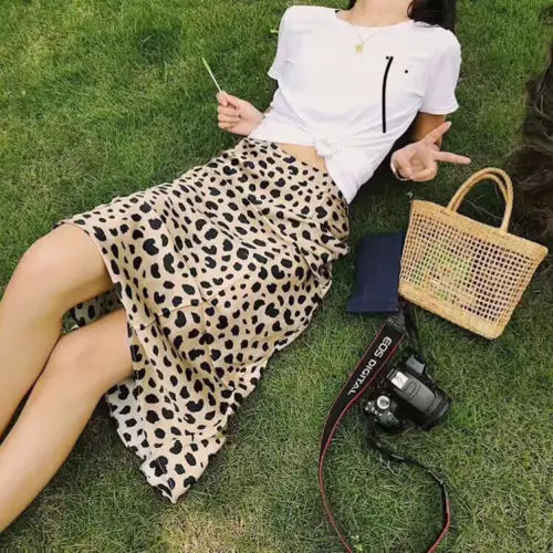 

Female Leopard Print A-Line Skirt Elastic Pleated High Waist Slim Dress Mini Skirt Short Pencil Skirts