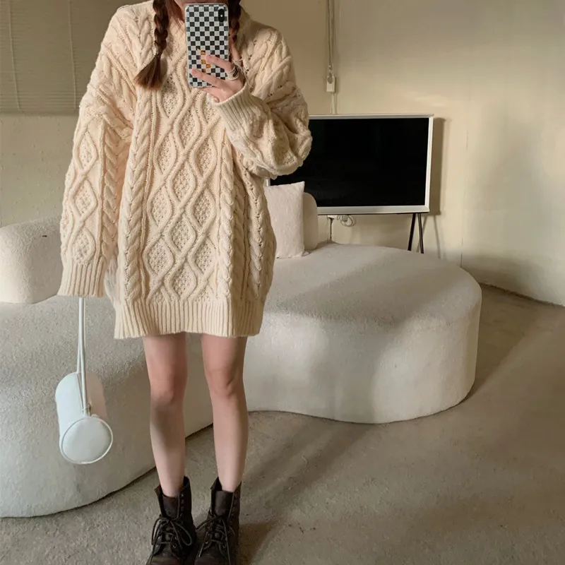 

2021 Autumn Winter Women Pullovers And Sweaters Korean style Loose Female Vintage Beige Twist knitted Sweater (A0913)