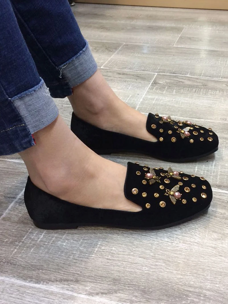 Фитнес Diamond Rhinestone Черный Кристалл Квадратный Toe Bee Дамы Красивые Квартиры Обувь Китайские Мокасины Весна Осень Замша Женщины