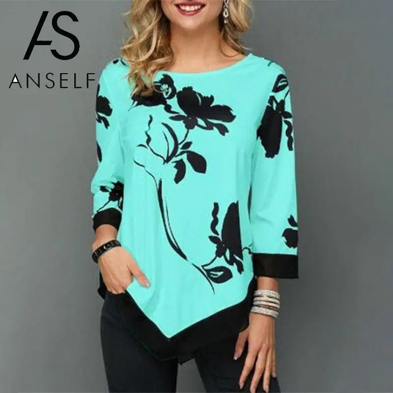 

Женская блузка с длинным рукавом, круглым вырезом и цветочным принтом