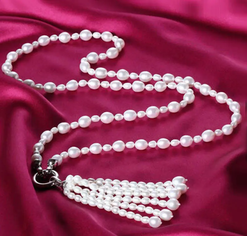 

fashion new 8-9mm & 3-4mm genuine white drip freshwater oval pearl necklace 32INCH