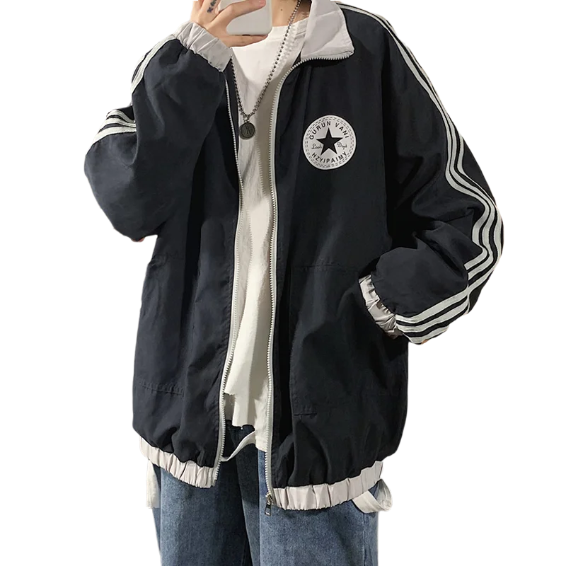 

Men and Women Casual Striped Bomber Jacket Trend Hoodie Baseball Collar Streetwear Men's Windbreaker Fashion Coat