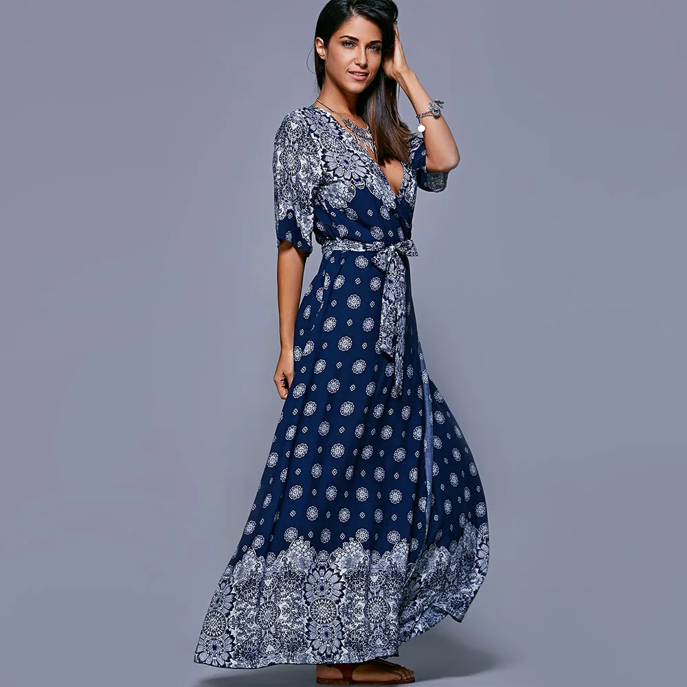 Boho Woman Dresses Sexy Deep V Neck Retro Vintage Floral Print Half Sleeve Tunic Belted Long Maxi Dress Female 2021 | Женская одежда