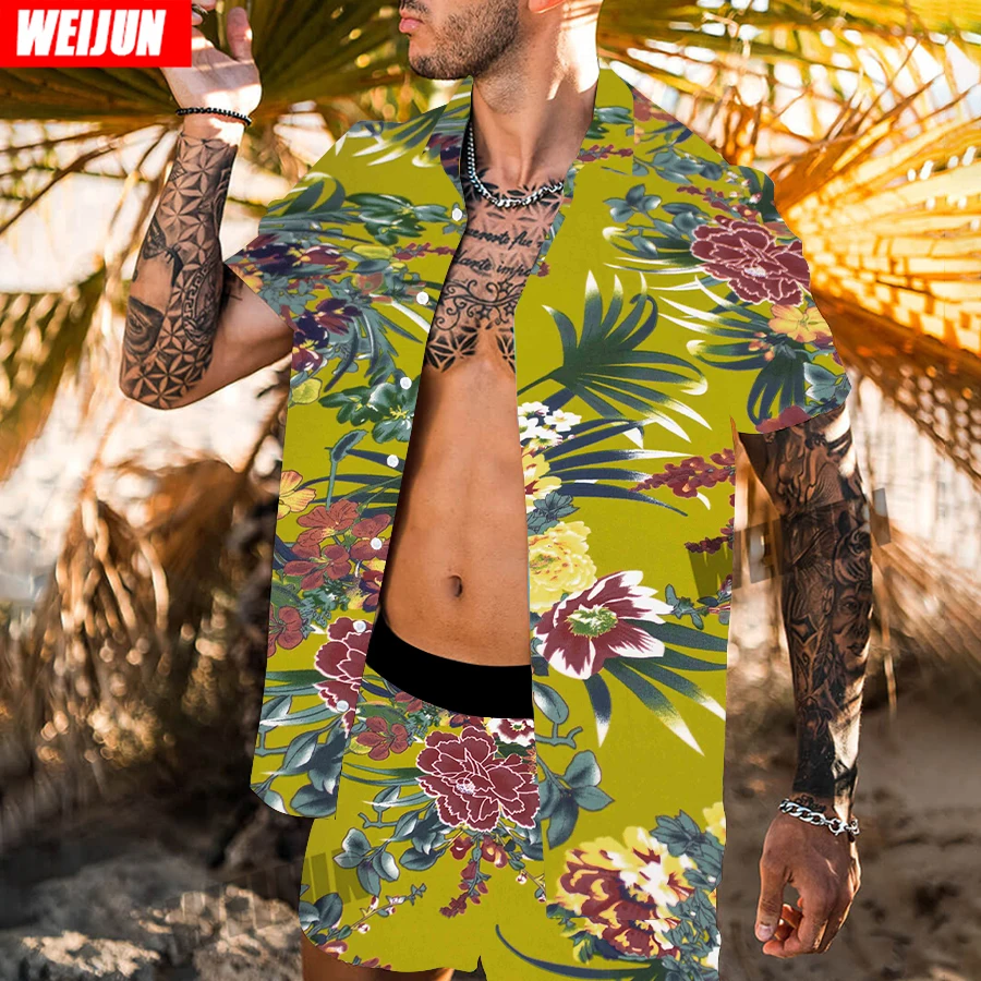 

2021 Fashion Summer Men's Digital Printed Beachwear Short Sleeve Lapel Hawaiian Shirt Shorts Set XL Beachwear