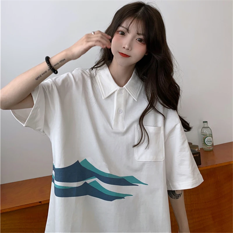 

Японский стильная футболка поло модная брендовая одежда, футболка с коротким рукавом Футболка женская футболка свободного кроя в Корейско...