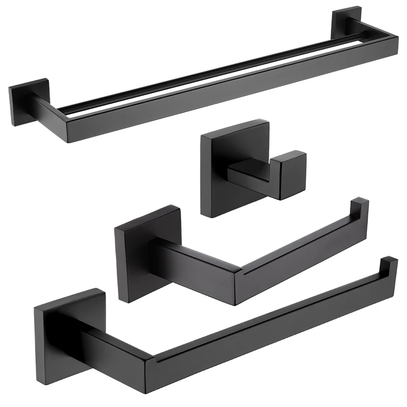matte black 4 pieces bathroom accessories hardware stainless steel towel bar towel ring paper holder robe hook free global shipping