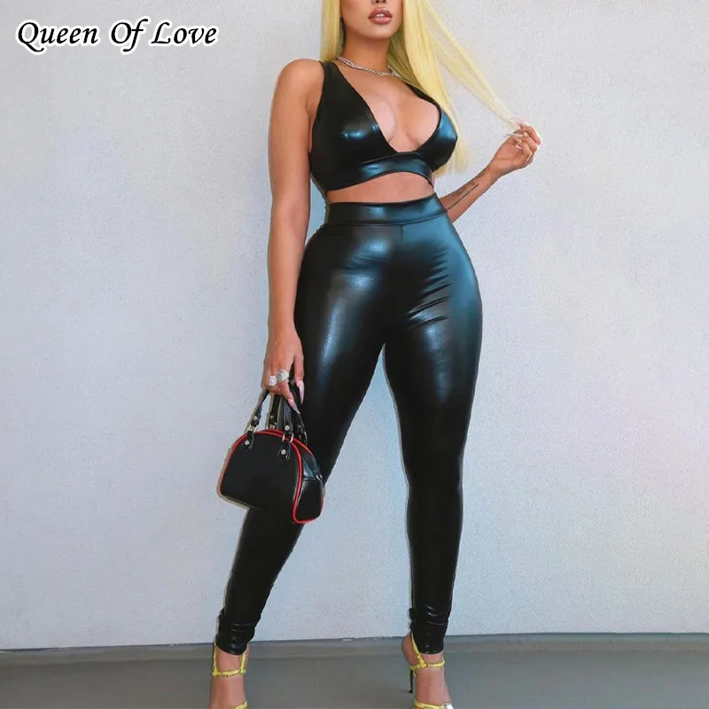 Женский брючный костюм из 2 предметов черный клубный комплект кроп топа и