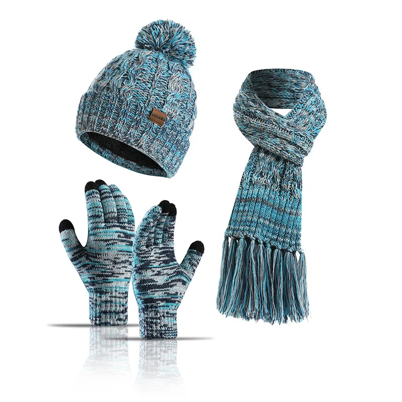 

New autumn and winter knitted hat scarf set outdoor warm and cold-proof wool hat scarf gloves