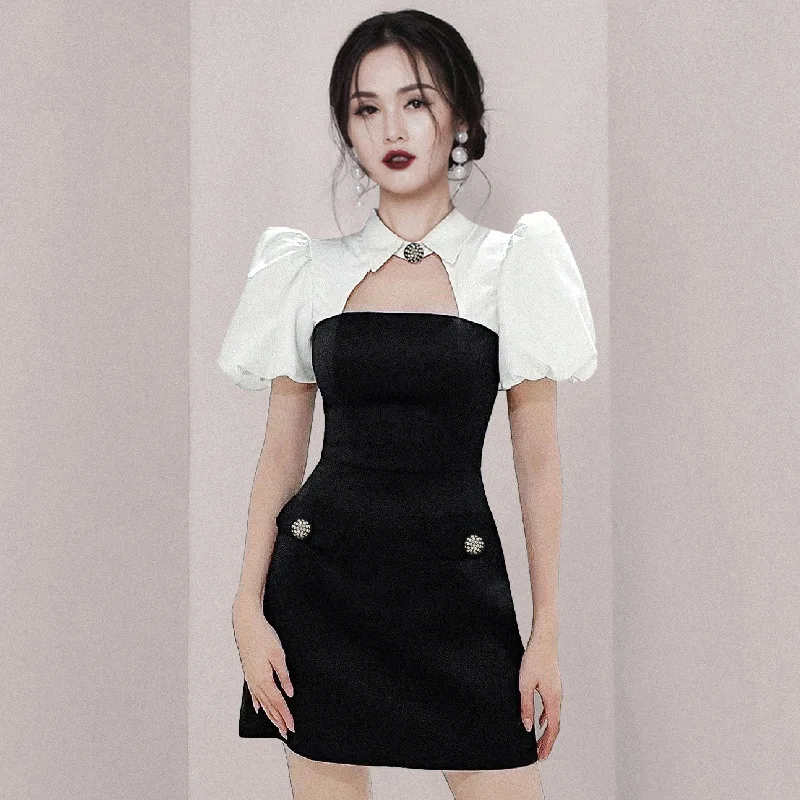 

Женские платья знаменитостей, модное платье с воротником, маленькие короткие платья с пышными рукавами