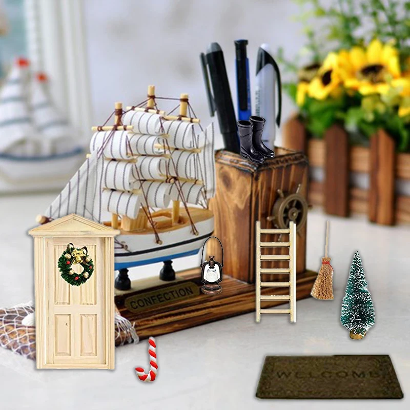 

Wood Door Christmas Decors Miniature Doll House Accessories Set Boots Wreath Mini Door Set DIY Gift Plastic Wood
