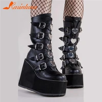 brand new female platform mid calf boots fashion heart shaped metal buckle high heels boots women party punk wedges shoes woman