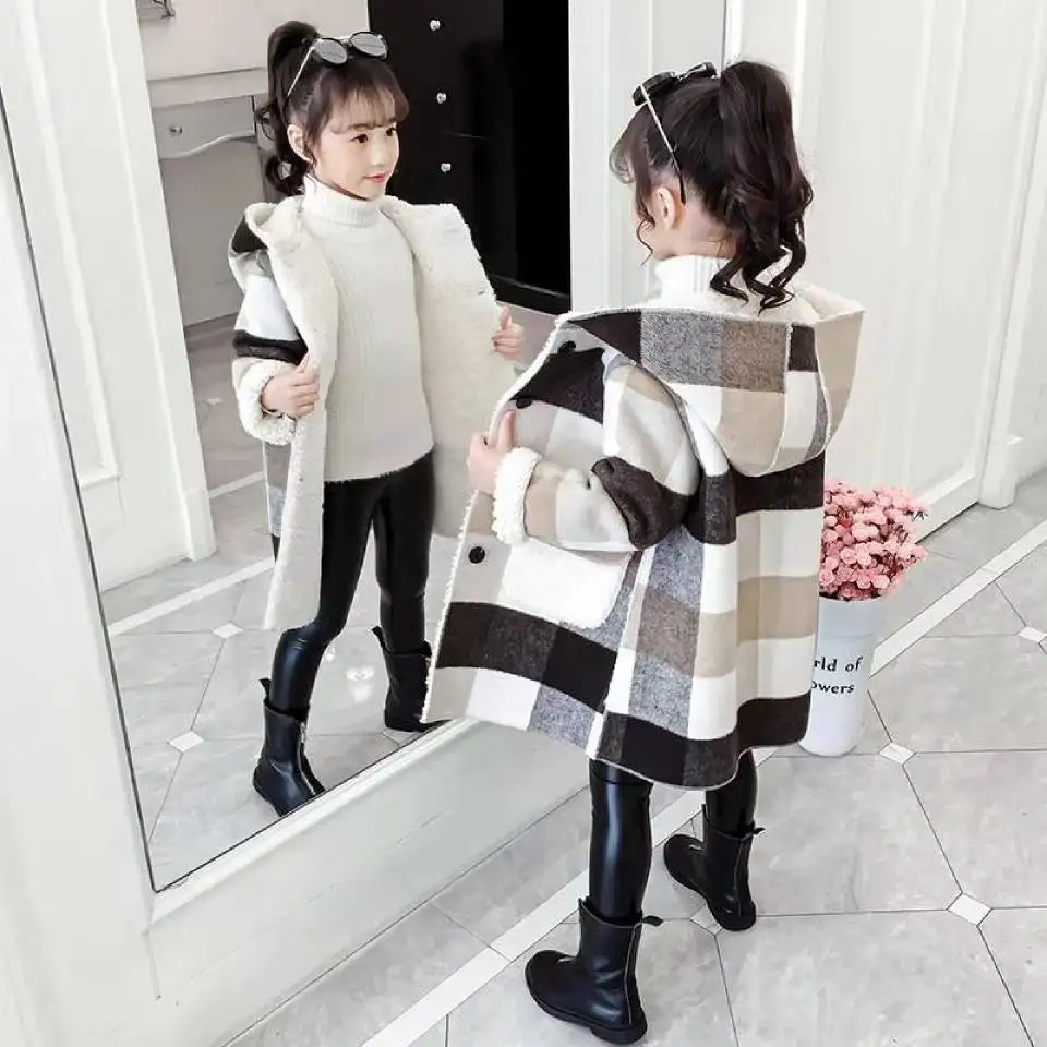 

Autumn Winter 2020 Girls Casual Jackets Hooded Outerwear Fashion Woolen Long Coat Children Clothing Cute Baby Girls Outerwear