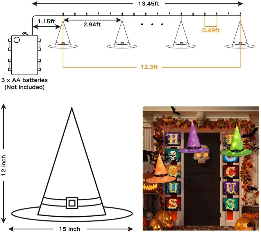 

Halloween Decorations Outdoor Witch Hats Hanging Lighted Witch Hat Decorations RGB LED String Lights Battery Operated Waterproof