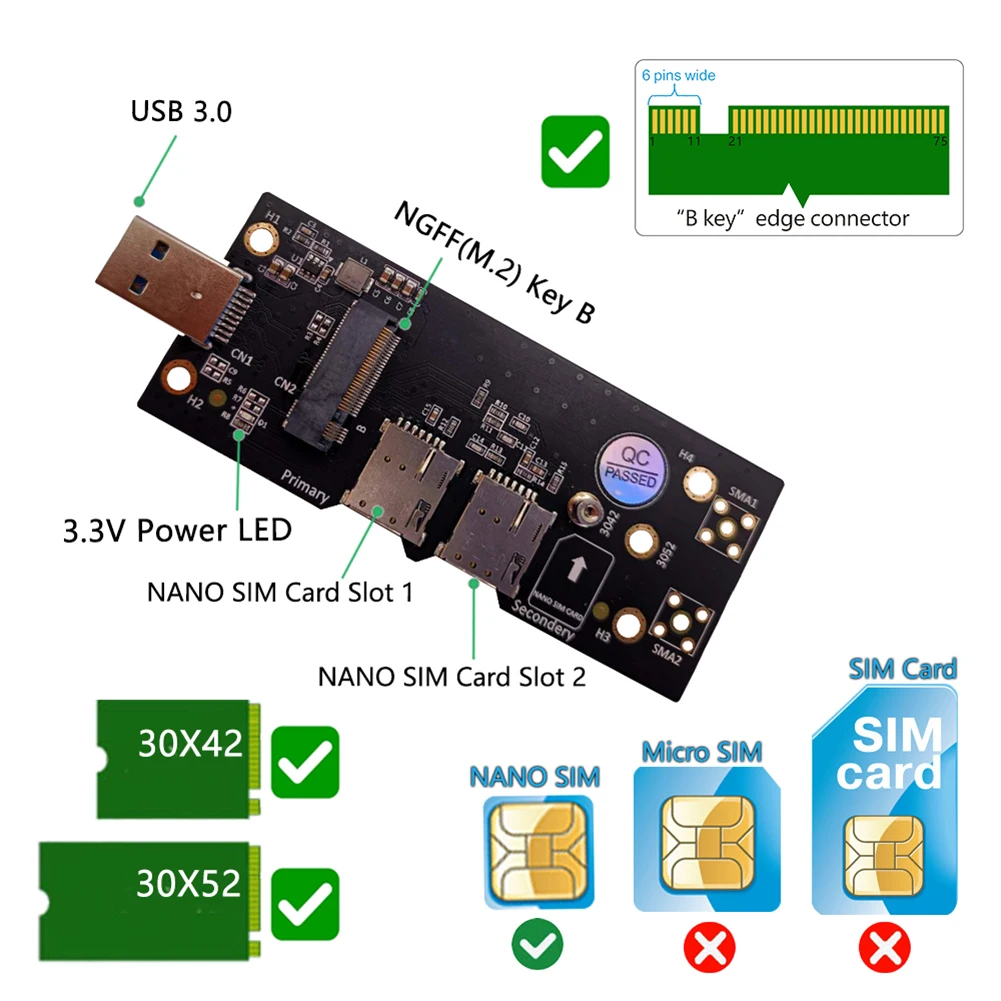 

NGFF M.2 to USB 3.0 Adapter Expansion Card with Dual NANO SIM Card Slot for WLAN/LTE 3G/4G/5G Module Support M.2 key B 3042/3052