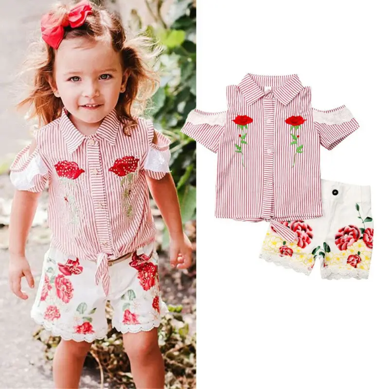 Комплект одежды для маленьких девочек от 1 года до 4 лет Красные Полосатые Рубашки