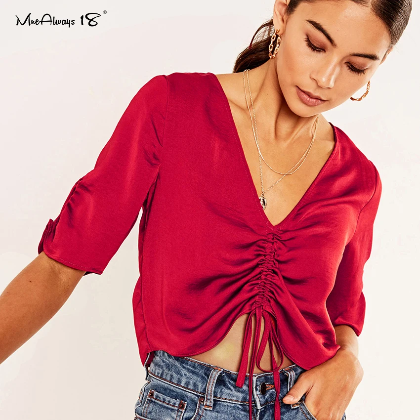 

Mnealways18 сексуальный женский укороченный топ на шнуровке с рукавом до локтя, Женская атласная блузка, красная женская рубашка с V-образным выр...