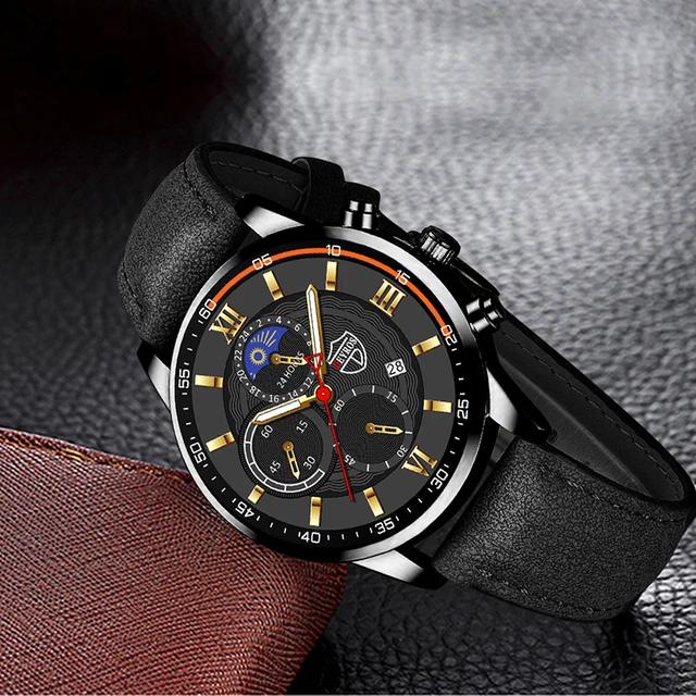 2023 Fashion Mens Sports Watches Man Business Quartz Wristwatch Luxury Black Leather Bracelet Men Casual Luminous Clock Watch 4