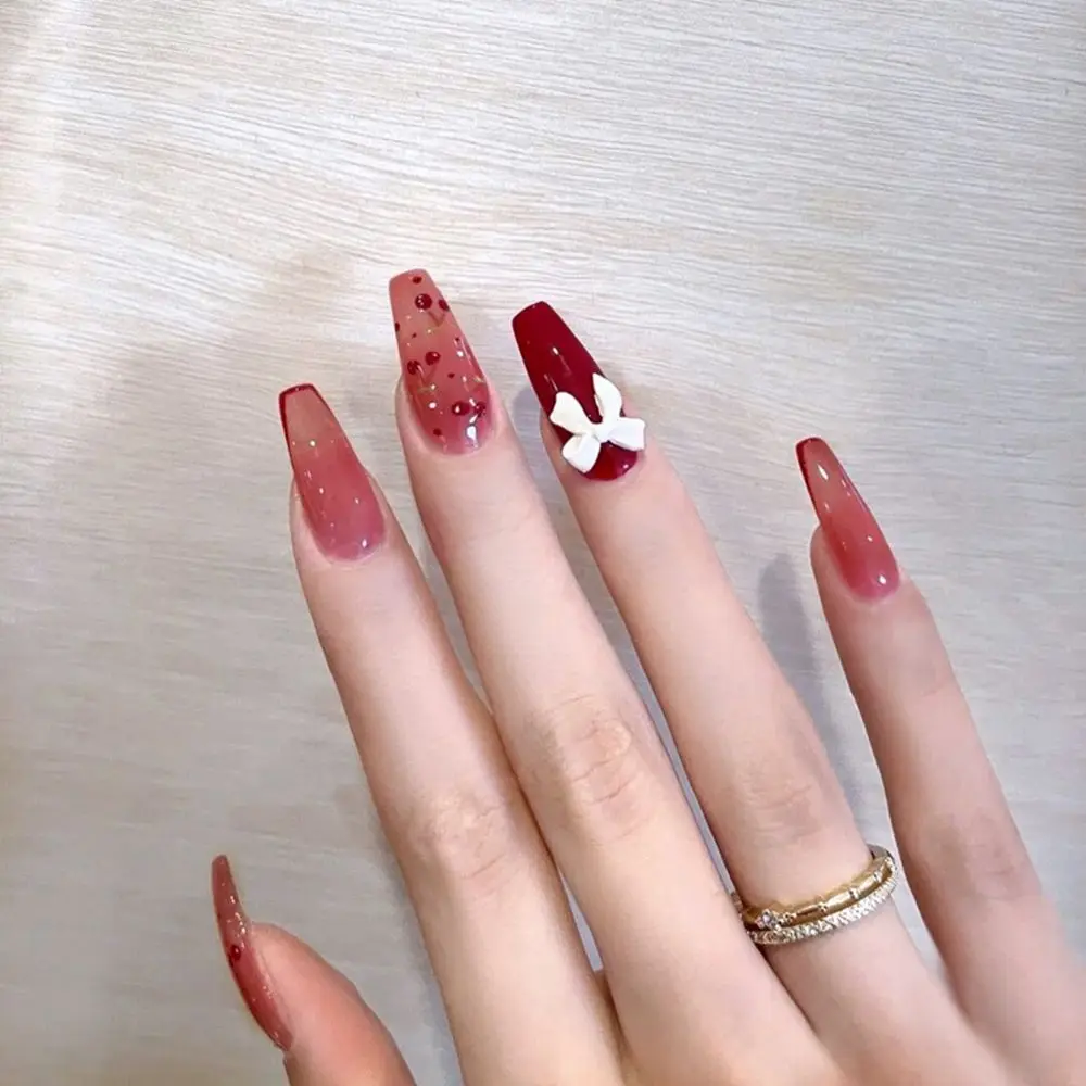 24 шт./корт. Гвозди розовые длинные накладные ногти со съемным сердцем балерины