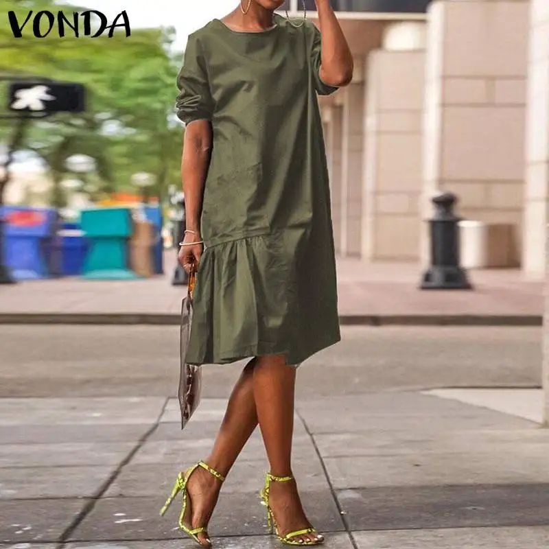 VONDA Offic Ladies Elegant Dress Women Knee-Length Dress Summer Sundress Casual Loose Half Sleeve Vestidos Plus Size S-5xl