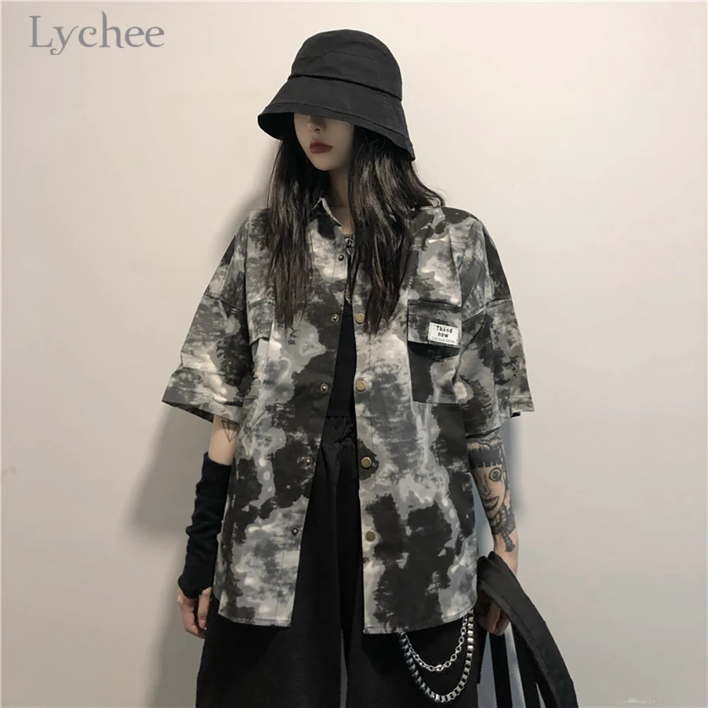 

Lychee Harajuku Tie Dye Short Sleeve Women Blouse Korean Style Square Collar Casual Loose Blouses Summer Tops