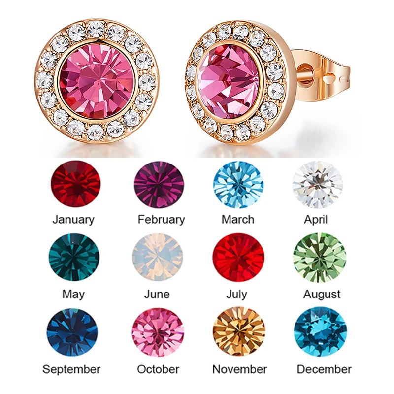 

High Quality 12 Birthstone Stud Earrings Women Colorful Crystal Shining Round Shape Earring Small Stud Earrings Jewelry Gifts