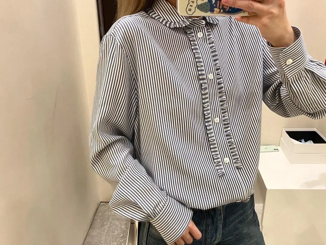 

More 100% silk stripe long sleeve shirt top women summer bluzlar2021 workplace