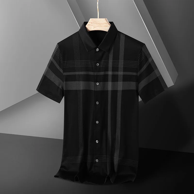 

2021 new business silk shirt men's Lapel stripe youth cotton casual summer shirt