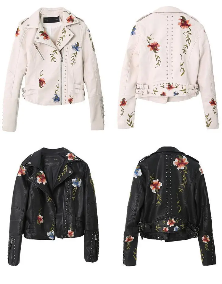

Ailegogo Spring Autumn Flowers Embroidery Pu Leather Jacket Women Turn-down Collar Rivet Zipper Black Biker Coats Tops Clothes