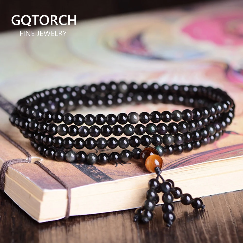 

Genuine Natural Black Obsidian 216 Small Beads Bracelet For Women And Men Prayer Buddha Jewelry Multilayer Beads Strand Bracelet