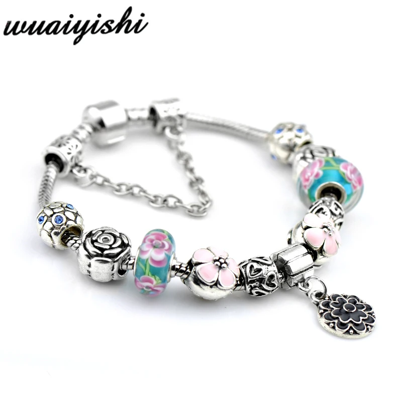 Colouredglaze fiower Браслеты для девушек, Браслеты mujer, полимерные бусины Подвески украшения, серебряные DIY Браслеты для женщин, модная повязка на руку, цепочка из сплава - Окраска металла: Colouredglaze fiower