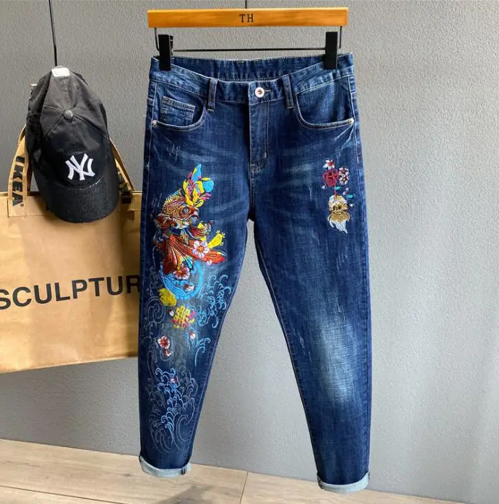 Original design mens jeans embroidered fashion new american style 2 color small straight trousers stretch carp slim pants blue
