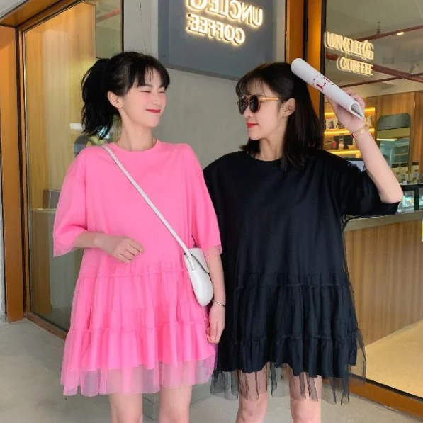 Платье футболка женское свободного покроя с рукавом до локтя и оборками|Женские