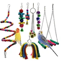 7pcsset multi choice pet bird parrot bell toy christmas wooden rattan toys chew bite toys pet bird cage hanging decor