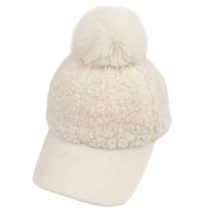 Women Winter Faux Fleece Baseball Peak Cap Fuzzy Warm Cute Pompom Visor Brim Hat 6XDA