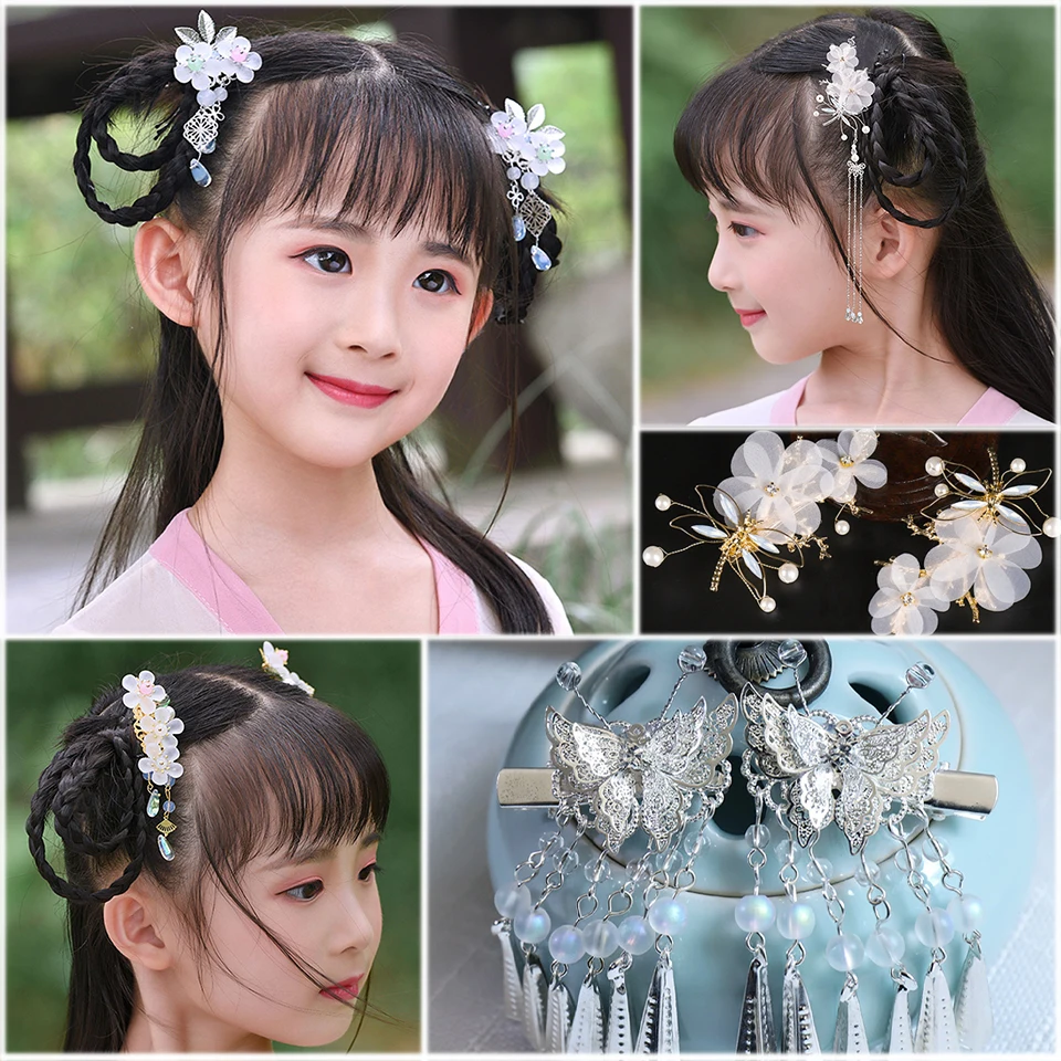 Hanfu для детей/девочек бабочка любовь Новый стиль аксессуары волос длинные