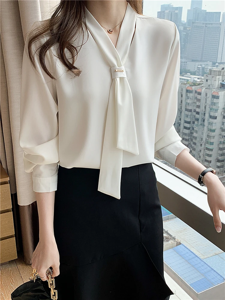 

Houthion Silk Satin Slim Women's Blouses Fashion Long Sleeve Top Solid Color Bow Tie Shirt Spring/autumn New Casual Blouse