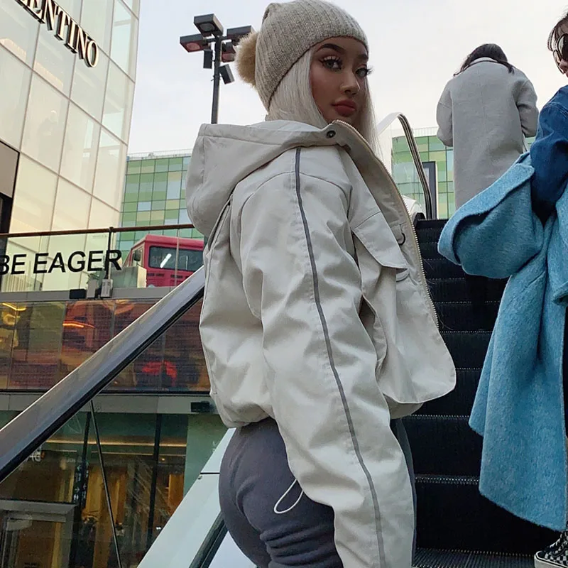 Street Big Pocket Tooling Reflective Strip Short Drawstring Wear Cotton Jacket Coat | Женская одежда