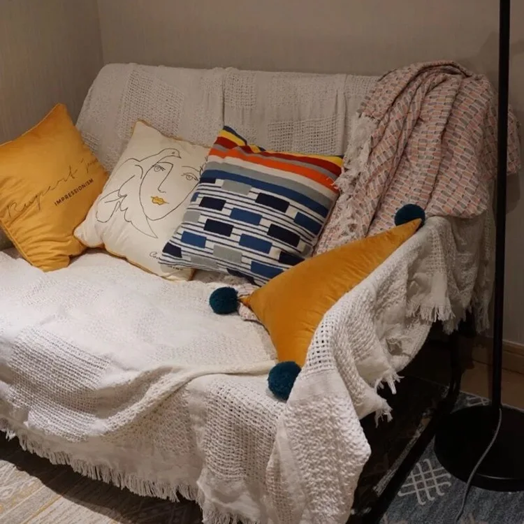 Хлопковое покрывало двустороннее жаккардовое однотонное с сеткой XT118 | Дом и сад