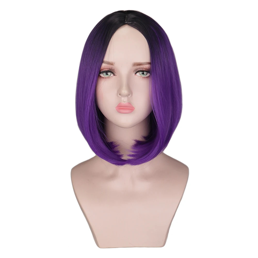 Teen Titans Raven Cosplay Wigs 35cm Bob Purple Short Heat Resistant Synthetic Middle part of hair wig + free wig cap images - 6